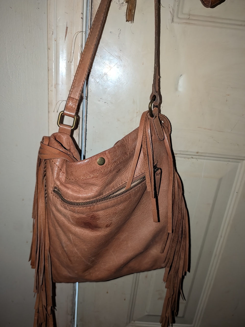 Fringe Leather Crossbody Bag in Tan
